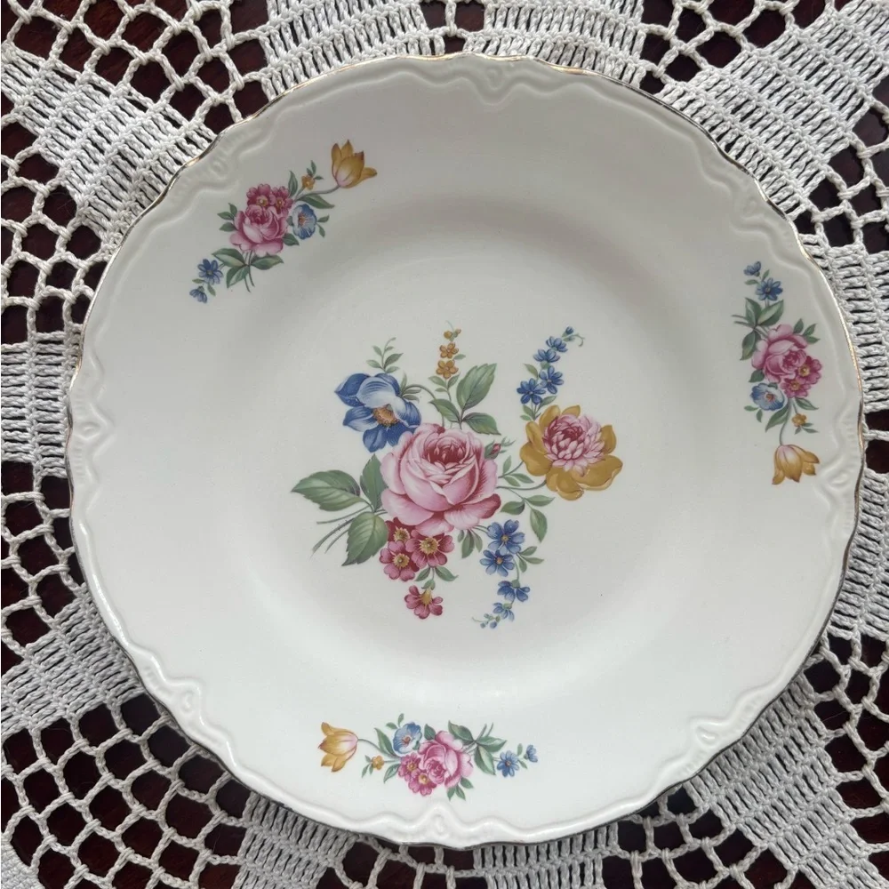 Vintage Floral Plate Scio Ohio Cottage Core White Cream Rose Blue Green Gold Rim